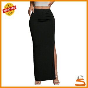 High Waist Maxi Skirt Ruched Side Split Thigh Bodycon Long Skirt